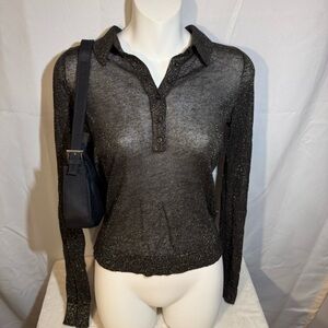 Maeve Anthropologie Black Sheer Metallic Knit Henley Top XS